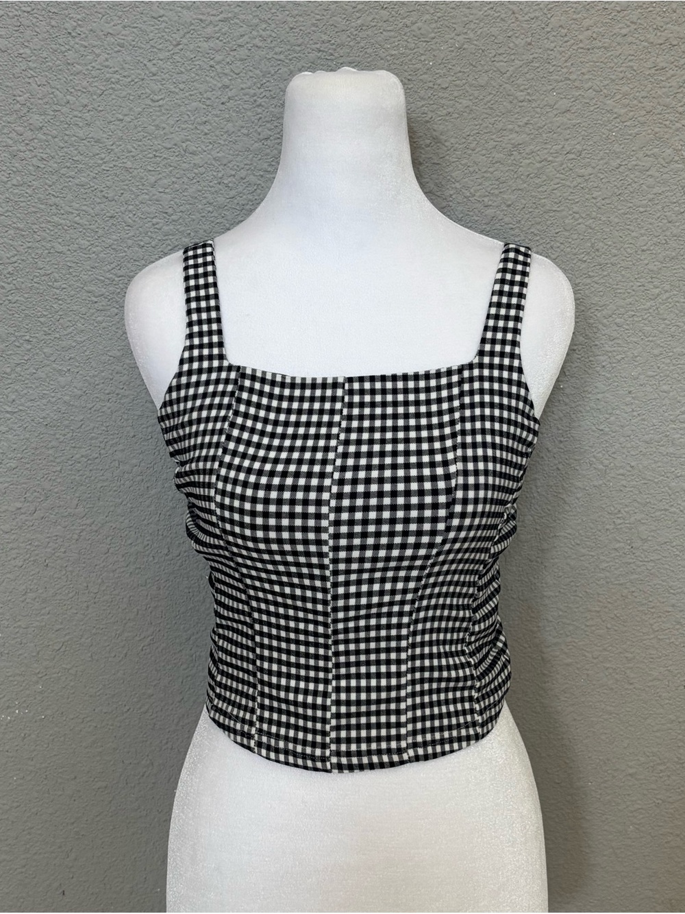 Black and White Gingham Square Neck Crop Top - Women
